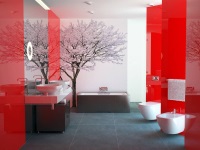 Bathroom in white and red color scheme