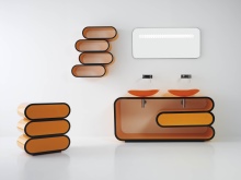 Appareils sanitaires orange dans une baignoire blanche