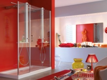 red and white bathroom.