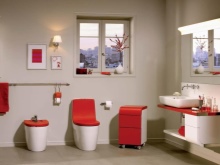 Red in a White Bathroom