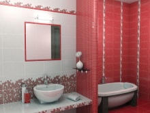 Raudonos ir baltos spalvos vonios kambarys.