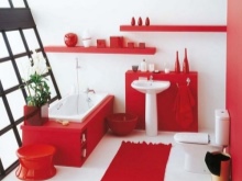 Raudoni vonios kambario baldai ir santechnikos įranga
