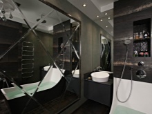 Juodas vonios kambarys su veidrodine siena.