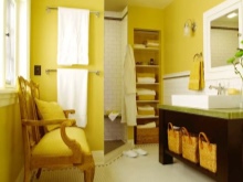 A yellow bathroom without a toilet for a sanguine person