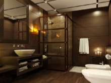 Madingas vonios kambarys iš medžio masyvo