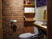 Bagno in stile loft con mattoni e pareti intonacate