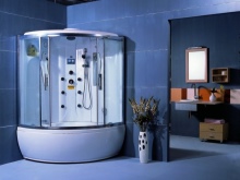 Corner shower enclosure with bathtub in a spacious bathroom