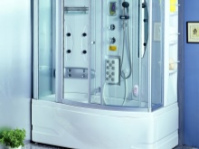 Hydrobox with rectangular bathtub in a small bathroom