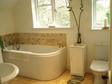 Pieni kylpyhuone yhdistettynä wc:hen ja pieneen turhamaisuusyksikköön.