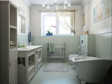  Yhdistetyn kylpyhuoneen sisäänkäynti - kynsijalkainen kylpyamme, wc, jossa on vesijohtoasennus, suuri laatikko ja seinäkaappi.