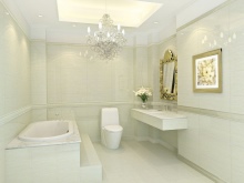 Kattovalaisin ja kattokruunu kylpyhuoneen sisustuksessa yhdistettynä jugendtyyliseen wc:hen