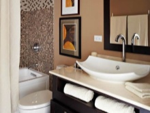 Ruskea kylpyhuoneen sisustus yhdistettynä wc:hen