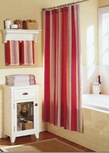 Red curtain in white bathroom