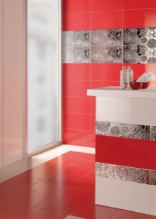 Red and white bathroom with silver tiles