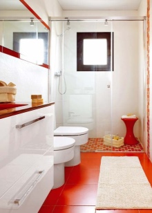 Red floor in white bathroom