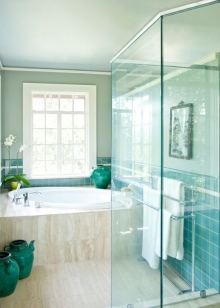 Λευκά είδη υγιεινής σε τυρκουάζ μπάνιο