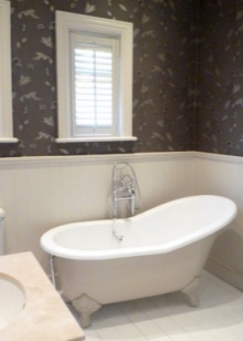 Combination of dark and light shades in a small bathroom without a toilet