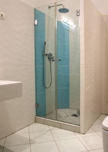 Douchecabine in een badkamer met paneelhuis