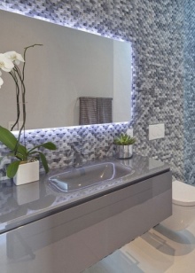 Madingoje vonioje ant sienos kabantys baldai