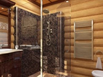 Glass shower enclosure in the wooden house