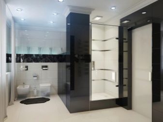 High-tech-badeværelse med bruser og toilet med lysende spotbelysning