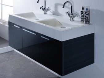 黑色壁挂柜，带两个白色洗脸盆