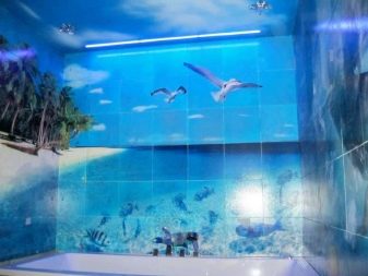 3D fürdőszoba csempe - tenger, sirályok, pálmafás tengerpart