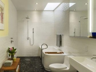 Kylpyhuoneen sisätilat - Suihkuteline, kylpyamme, seinään ripustettu allas, seinään ripustettu peilikaappi, nänninmuotoinen pieni lipasto.