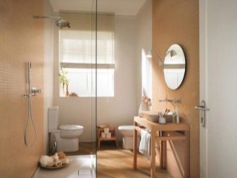 Kylpyhuoneen sisustus yhdistettynä wc:hen, joka on erotettu keskellä olevalla suihkukaapilla.