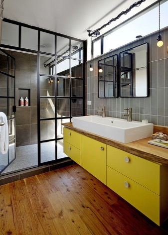 Curtain cabinet made of painted chipboard with wooden countertop and built-in sink 
