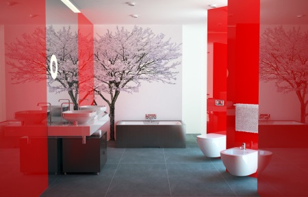 Salle de bain rouge et blanche