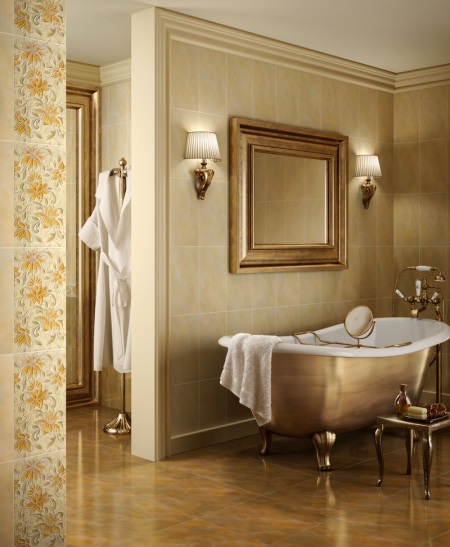 Badrum i beige och koppar