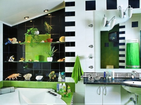 ブラック・ホワイト・グリーンのバスルーム