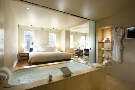 Beautiful bathroom with bed
