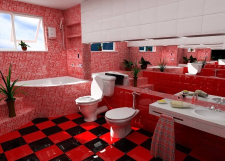 Baignoire rouge décorée de mosaïque