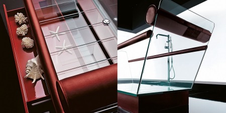 Bañera y lavabo de cristal de la misma colección