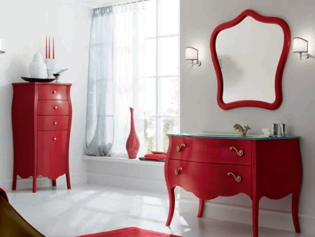 Red furniture in white bathroom