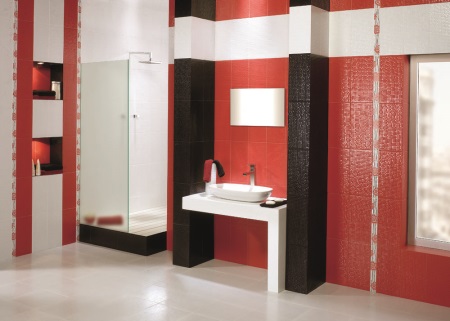 Black in white and red bathroom