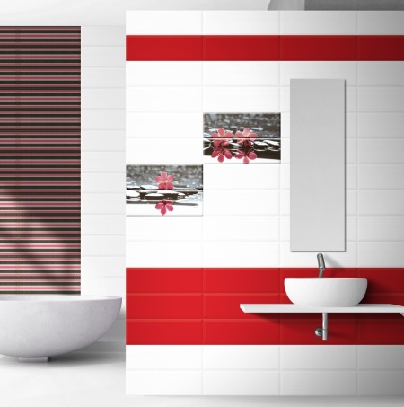 White and red bathroom with black