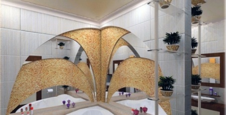 Η υγρή ταπετσαρία, τα κεραμικά πλακάκια και ο καθρέφτης σε ένα σχέδιο μπάνιου