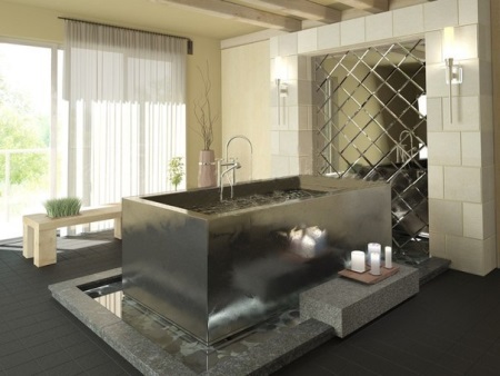 Madingas aukštųjų technologijų stiliaus vonios kambario dizainas.