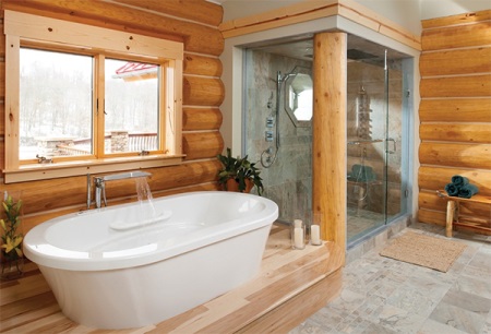 Large shower enclosure in the wooden house