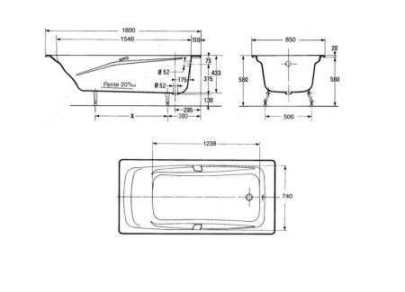 Abmessungen und Gewichte von Gusseisenwannen