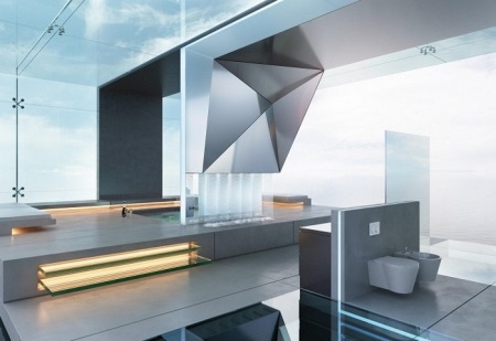 Moderne hightech-badeværelse med et badeværelse med løbebane