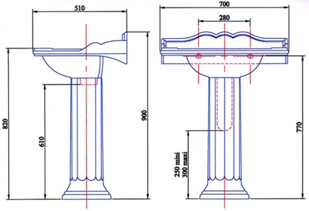 Plaatsing van de wastafel in de badkamer - tekening en berekeningen
