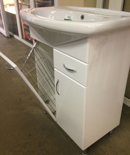 White standard size MDF cabinet with basin and laundry basket