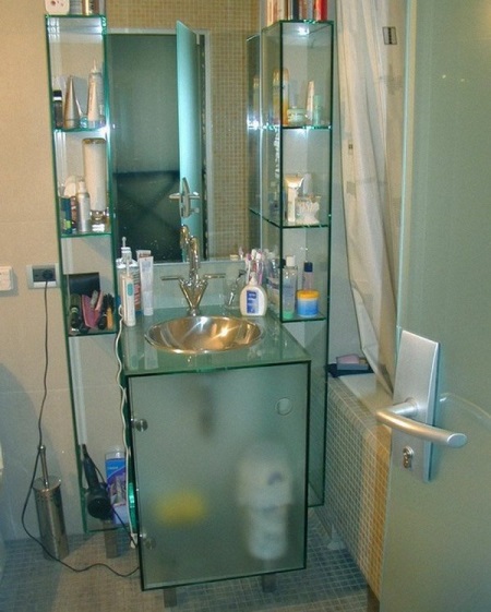 Glass vanity cabinet with built-in bathroom sink