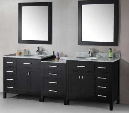 Large black cabinet with two built-in bathroom sinks